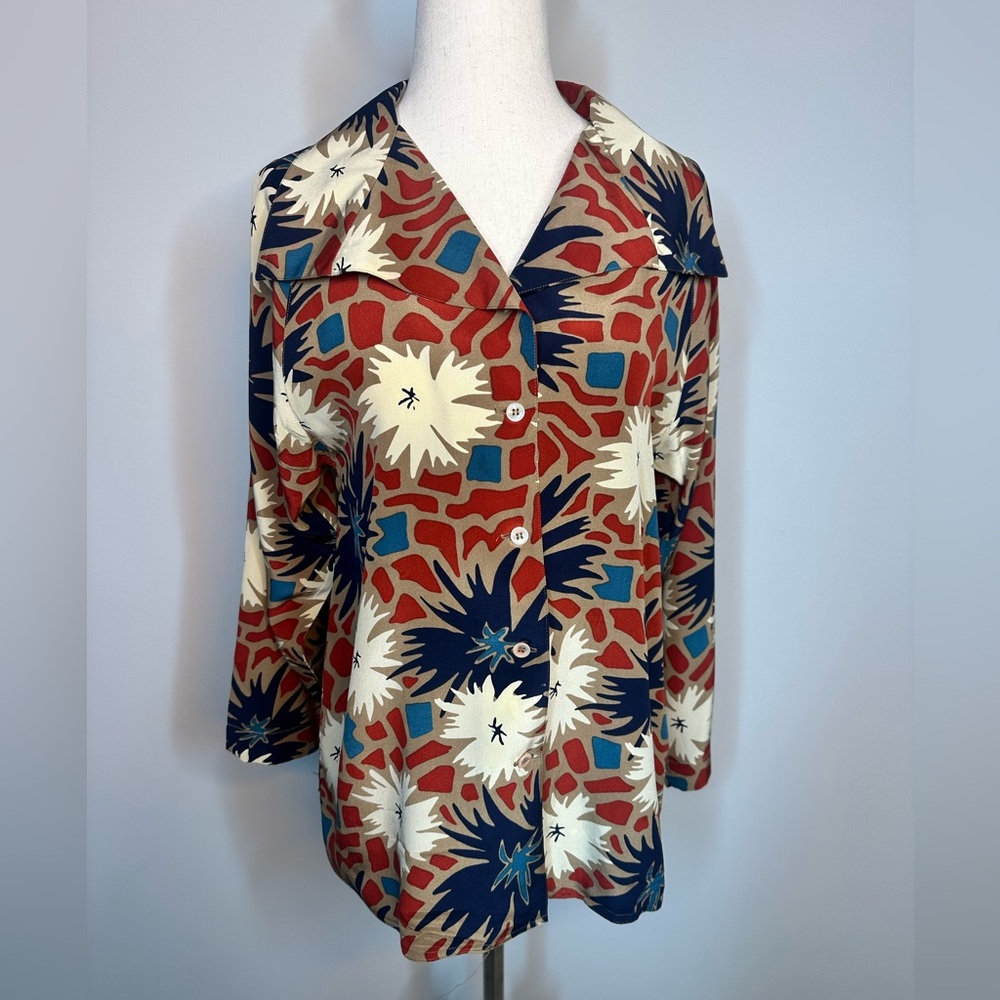 Sz 10 Jane Justin Image vintage silk blouse button down Floral Print top